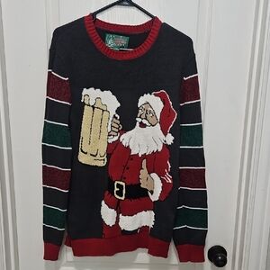 Ugly Christmas Sweater Men's Black Red Santa Holding Beer Crewneck